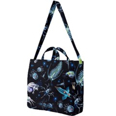 Colorful Abstract Pattern Consisting Glowing Lights Luminescent Images Marine Plankton Dark Square Shoulder Tote Bag by Ravend