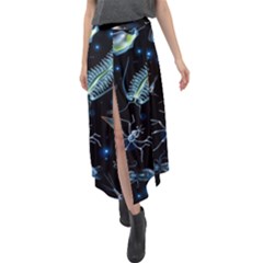 Colorful Abstract Pattern Consisting Glowing Lights Luminescent Images Marine Plankton Dark Velour Split Maxi Skirt by Ravend