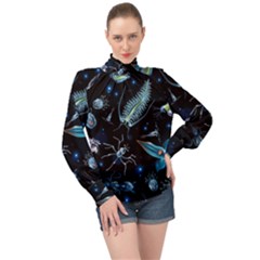 Colorful Abstract Pattern Consisting Glowing Lights Luminescent Images Marine Plankton Dark High Neck Long Sleeve Chiffon Top by Ravend