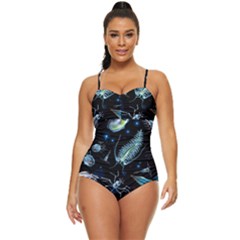 Colorful Abstract Pattern Consisting Glowing Lights Luminescent Images Marine Plankton Dark Retro Full Coverage Swimsuit by Ravend