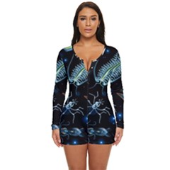 Colorful Abstract Pattern Consisting Glowing Lights Luminescent Images Marine Plankton Dark Long Sleeve Boyleg Swimsuit by Ravend