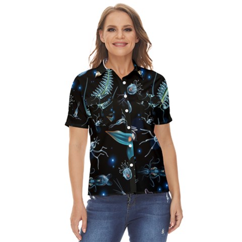 Colorful Abstract Pattern Consisting Glowing Lights Luminescent Images Marine Plankton Dark Women s Short Sleeve Double Pocket Shirt by Ravend