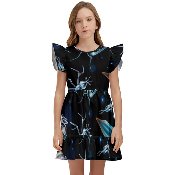 Colorful Abstract Pattern Consisting Glowing Lights Luminescent Images Marine Plankton Dark Kids  Winged Sleeve Dress