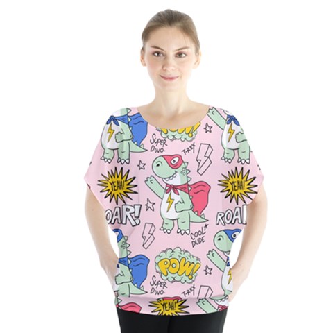 Seamless Pattern With Many Funny Cute Superhero Dinosaurs T-rex Mask Cloak With Comics Style Batwing Chiffon Blouse by Ravend