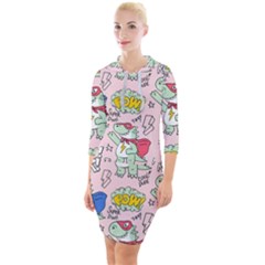 Seamless Pattern With Many Funny Cute Superhero Dinosaurs T-rex Mask Cloak With Comics Style Quarter Sleeve Hood Bodycon Dress by Ravend