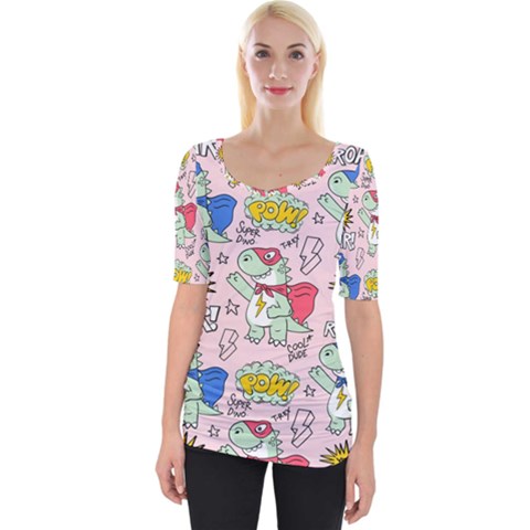 Seamless Pattern With Many Funny Cute Superhero Dinosaurs T-rex Mask Cloak With Comics Style Wide Neckline Tee by Ravend