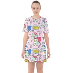 Seamless Pattern With Many Funny Cute Superhero Dinosaurs T-rex Mask Cloak With Comics Style Sixties Short Sleeve Mini Dress by Ravend