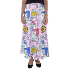 Seamless Pattern With Many Funny Cute Superhero Dinosaurs T-rex Mask Cloak With Comics Style Flared Maxi Skirt by Ravend