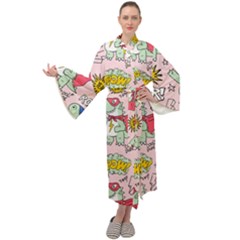 Seamless Pattern With Many Funny Cute Superhero Dinosaurs T-rex Mask Cloak With Comics Style Maxi Velour Kimono by Ravend