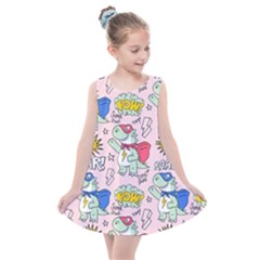 Seamless Pattern With Many Funny Cute Superhero Dinosaurs T-rex Mask Cloak With Comics Style Kids  Summer Dress by Ravend