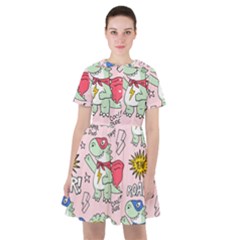 Seamless Pattern With Many Funny Cute Superhero Dinosaurs T-rex Mask Cloak With Comics Style Sailor Dress by Ravend