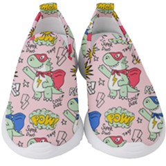 Seamless Pattern With Many Funny Cute Superhero Dinosaurs T-rex Mask Cloak With Comics Style Kids  Slip On Sneakers by Ravend