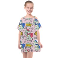 Seamless Pattern With Many Funny Cute Superhero Dinosaurs T-rex Mask Cloak With Comics Style Kids  One Piece Chiffon Dress by Ravend