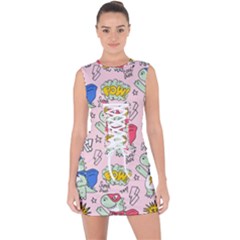 Seamless Pattern With Many Funny Cute Superhero Dinosaurs T-rex Mask Cloak With Comics Style Lace Up Front Bodycon Dress by Ravend