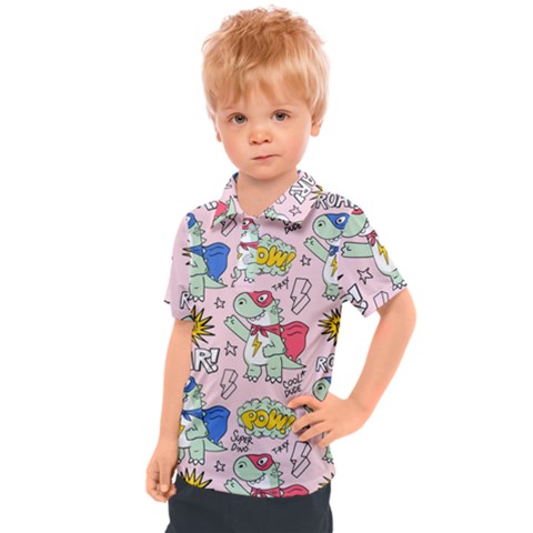 Seamless Pattern With Many Funny Cute Superhero Dinosaurs T-rex Mask Cloak With Comics Style Kids  Polo Tee by Ravend