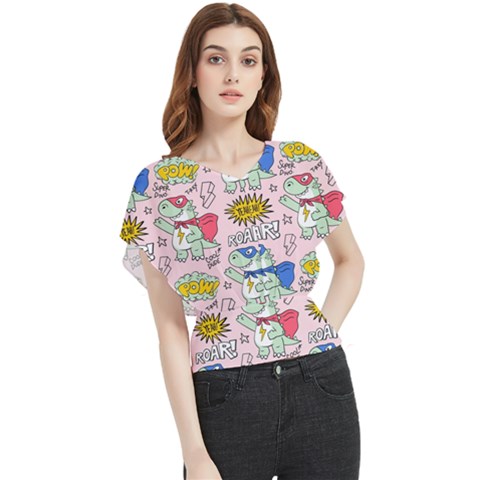 Seamless Pattern With Many Funny Cute Superhero Dinosaurs T-rex Mask Cloak With Comics Style Butterfly Chiffon Blouse by Ravend