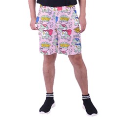 Seamless Pattern With Many Funny Cute Superhero Dinosaurs T-rex Mask Cloak With Comics Style Men s Pocket Shorts by Ravend