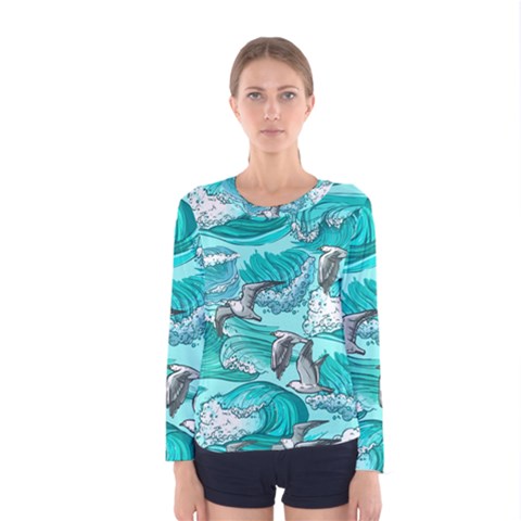 Sea Wave Seamless Pattern Women s Long Sleeve Tee by Ravend