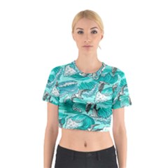 Sea Wave Seamless Pattern Cotton Crop Top by Ravend