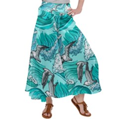 Sea Wave Seamless Pattern Satin Palazzo Pants by Ravend