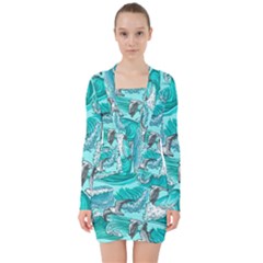 Sea Wave Seamless Pattern V-neck Bodycon Long Sleeve Dress by Ravend