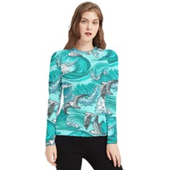 Sea Wave Seamless Pattern Women s Long Sleeve Rash Guard by Ravend