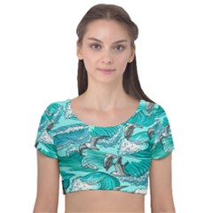 Sea Wave Seamless Pattern Velvet Short Sleeve Crop Top  by Ravend