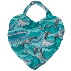 Sea Wave Seamless Pattern Giant Heart Shaped Tote by Ravend