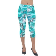 Sea Wave Seamless Pattern Lightweight Velour Capri Leggings  by Ravend