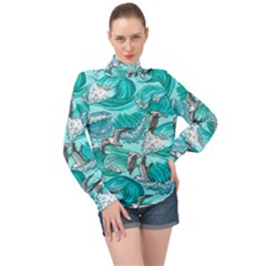 Sea Wave Seamless Pattern High Neck Long Sleeve Chiffon Top by Ravend