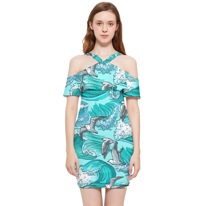 Sea Wave Seamless Pattern Shoulder Frill Bodycon Summer Dress