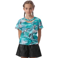 Sea Wave Seamless Pattern Kids  Front Cut Tee by Ravend