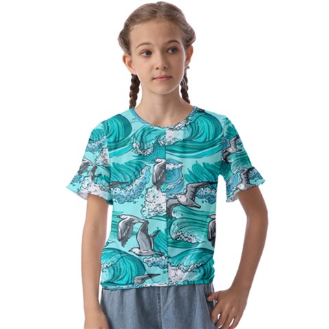 Sea Wave Seamless Pattern Kids  Cuff Sleeve Scrunch Bottom Tee by Ravend