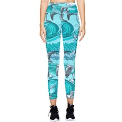 Sea Wave Seamless Pattern Pocket Leggings  by Ravend