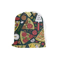 Vector Seamless Pizza Slice Pattern Hand Drawn Pizza Illustration Great Pizzeria Menu Background Drawstring Pouch (large) by Ravend