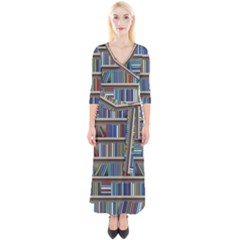 Bookshelf Quarter Sleeve Wrap Maxi Dress by Wegoenart