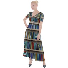 Bookshelf Button Up Short Sleeve Maxi Dress by Wegoenart