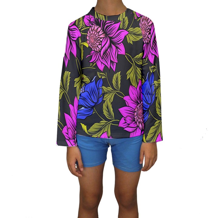 Botany Floral Flower Plant Petals Kids  Long Sleeve Swimwear