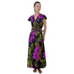 Botany Floral Flower Plant Petals Flutter Sleeve Maxi Dress by Wegoenart