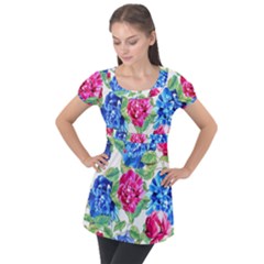 Flowers Floral Picture Flower Puff Sleeve Tunic Top by Wegoenart