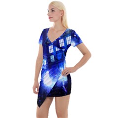 Tardis Background Space Short Sleeve Asymmetric Mini Dress