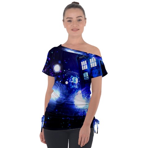 Tardis Background Space Off Shoulder Tie-up Tee by Jancukart