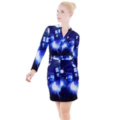 Tardis Background Space Button Long Sleeve Dress by Jancukart