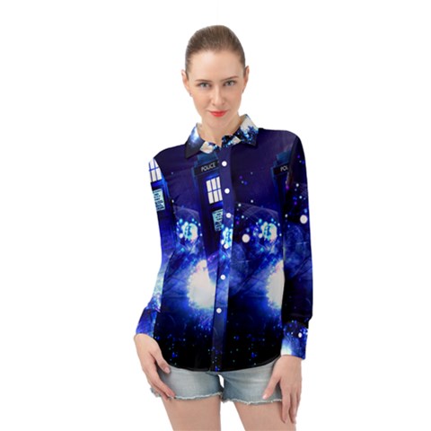 Tardis Background Space Long Sleeve Chiffon Shirt by Jancukart