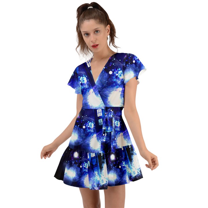 Tardis Background Space Flutter Sleeve Wrap Dress