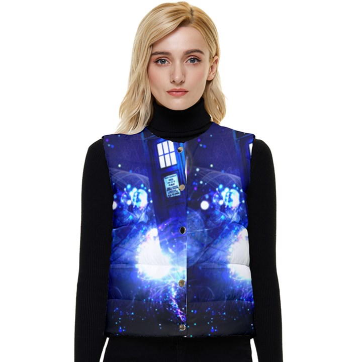 Tardis Background Space Women s Short Button Up Puffer Vest