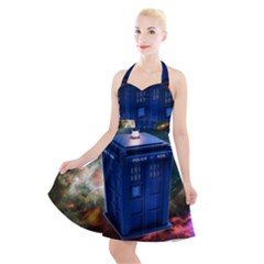 The Police Box Tardis Time Travel Device Used Doctor Who Halter Party Swing Dress  by Jancukart