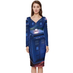 The Police Box Tardis Time Travel Device Used Doctor Who Long Sleeve V-neck Bodycon Dress 