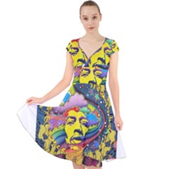 Psychedelic Rock Jimi Hendrix Cap Sleeve Front Wrap Midi Dress