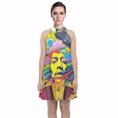 Psychedelic Rock Jimi Hendrix Velvet Halter Neckline Dress 